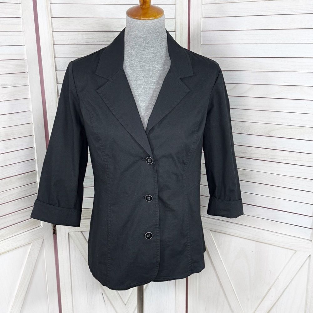 Chicos Blazer Jacket Women Small 4 Black Twill Cuff Sleeve Casual Stretch Career
